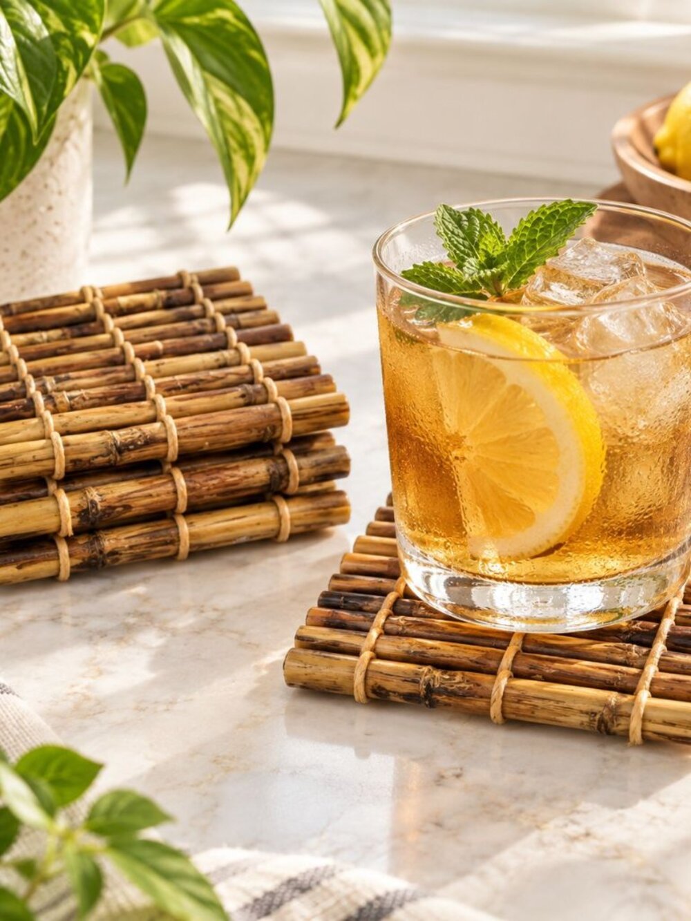 Bamboo Wood Drink Coasters Set Of 4 Rustic Handmade Square Design 4x4 Inches